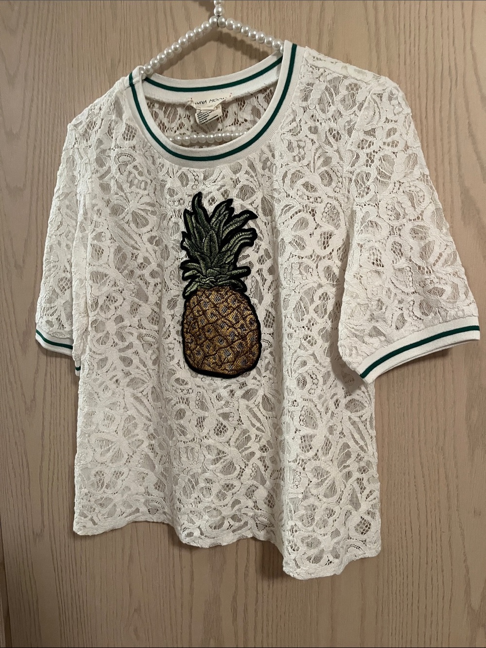White Lace Short Sleeve Top with Pineapple Patch